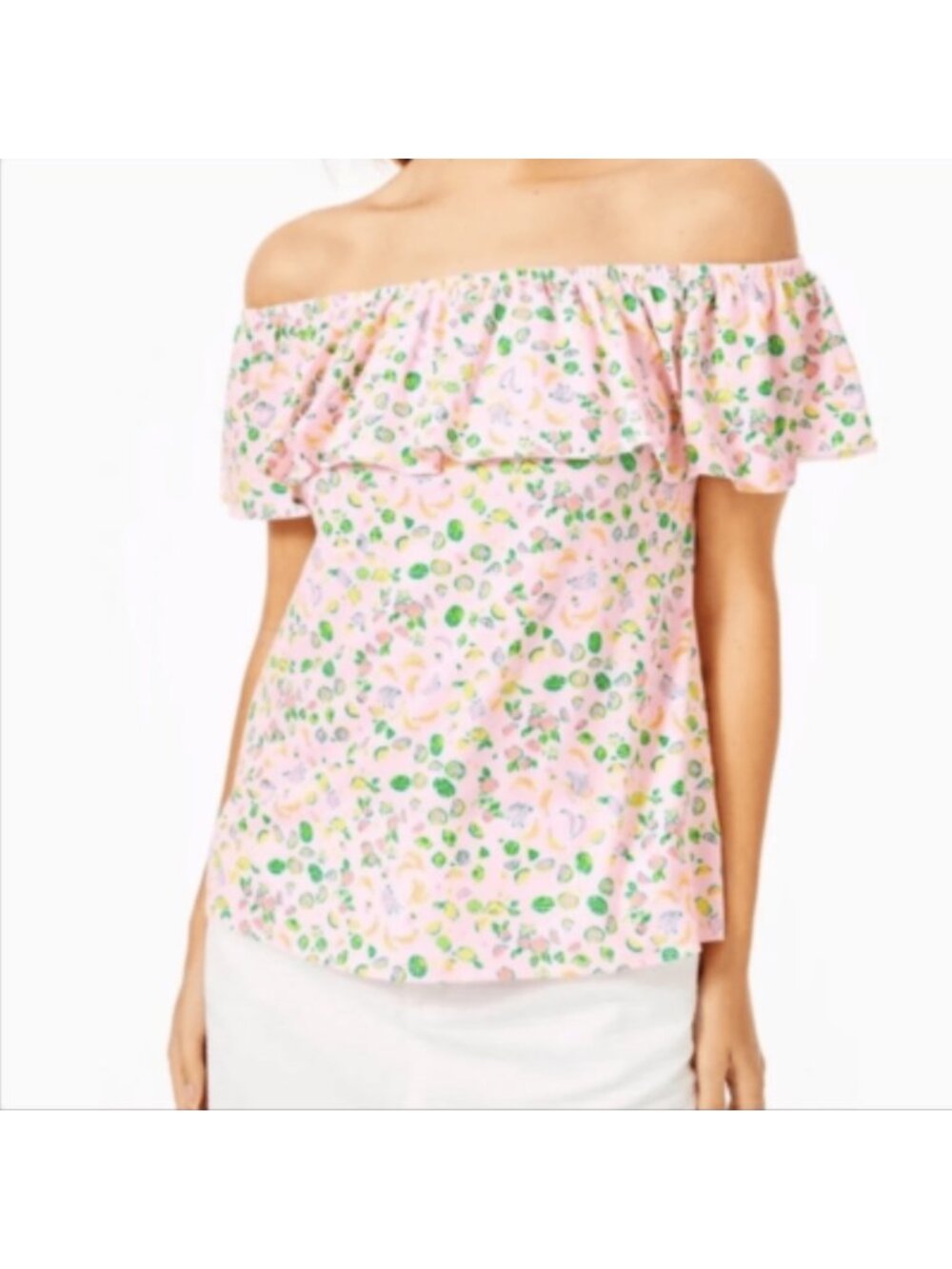 Lilly Pulitzer Top XL Pink Lil Juicy Fruit Ruffle Off Shoulder Coastal Jersey
